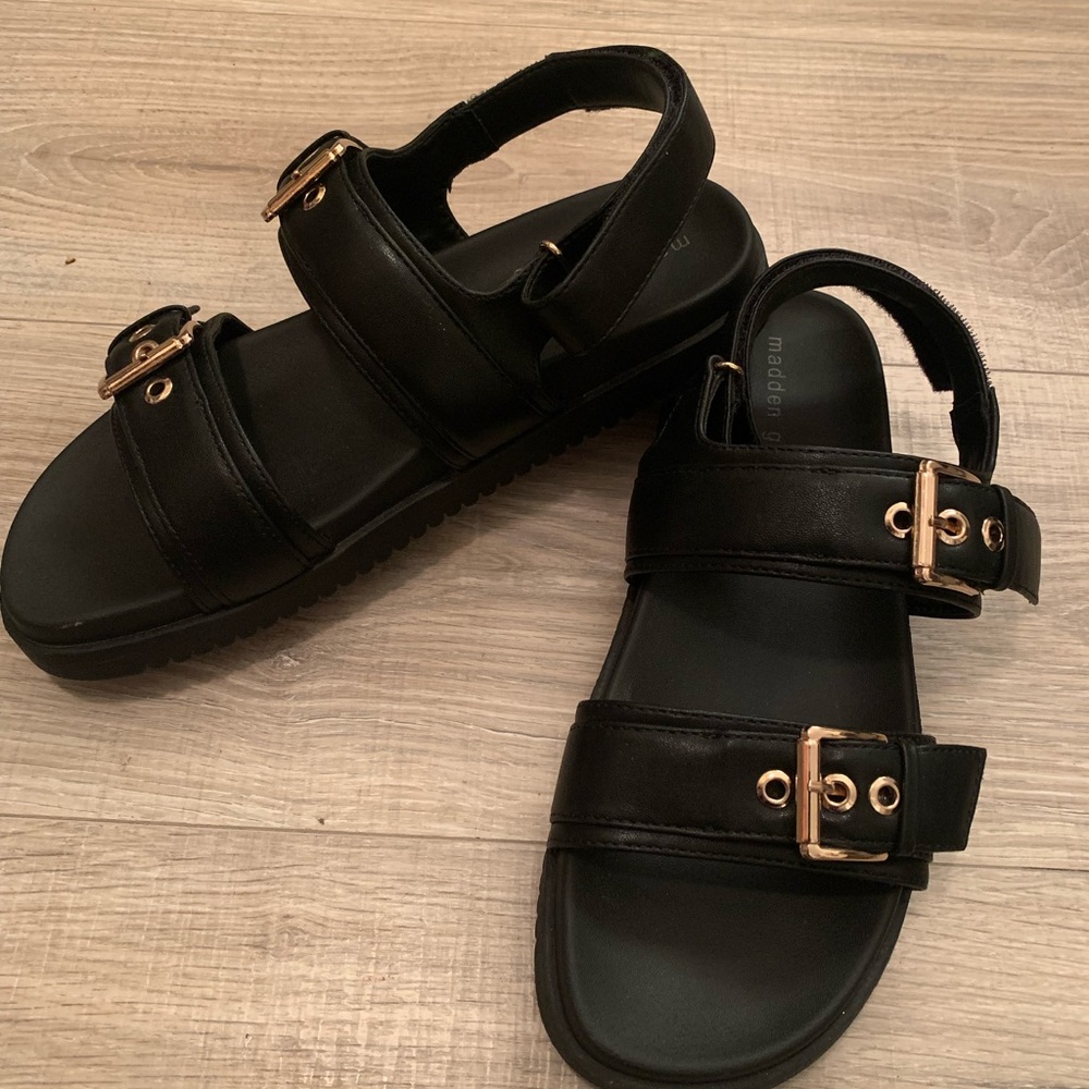 Madden Girl Sandals Black with Gold Buckles - Picture 2 of 10